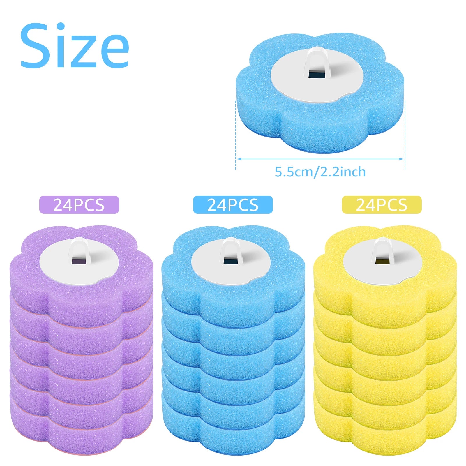 Stacks of blue, purple, and yellow pool filter foam with measurements and quantity labels on a white background.