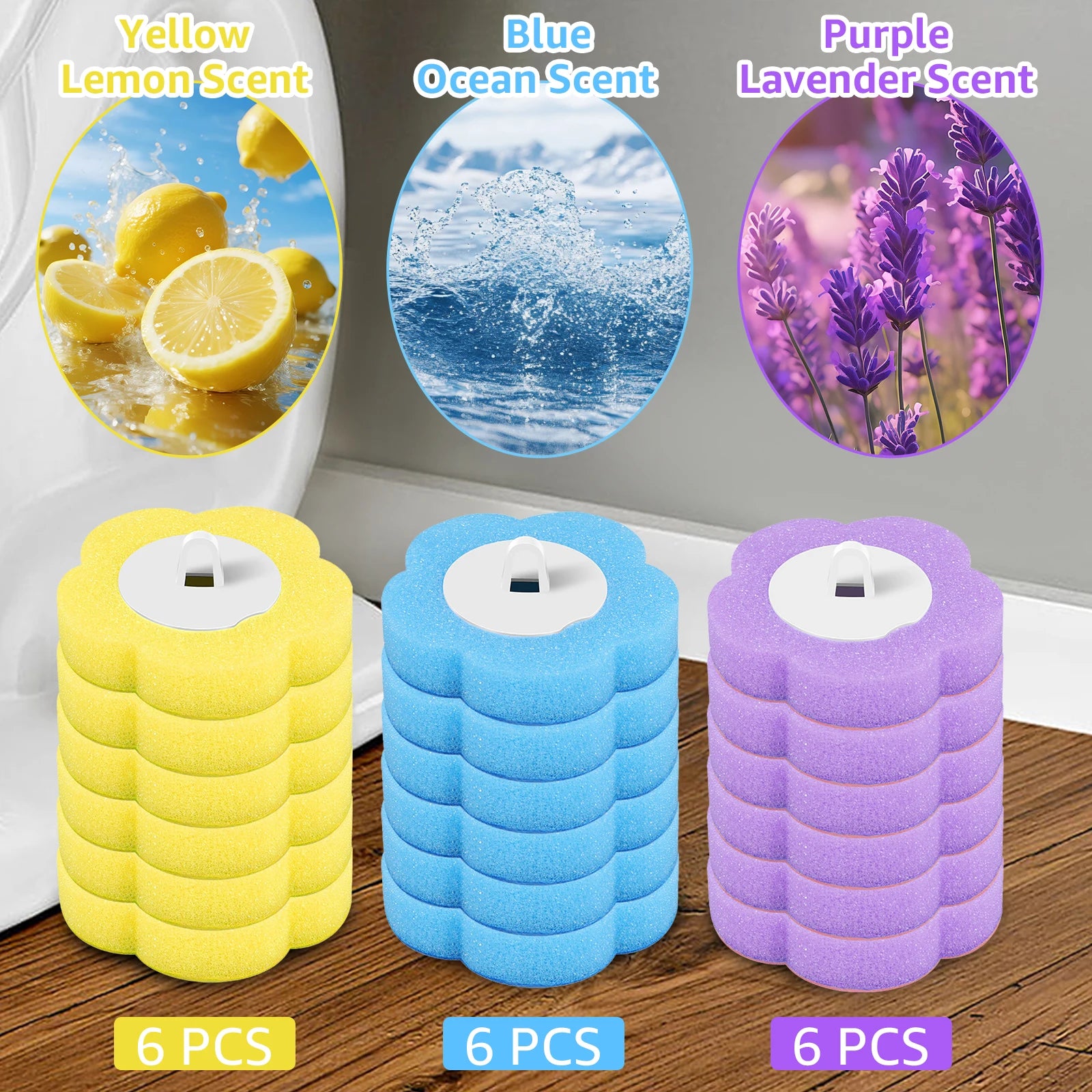 Three scented air freshener refills in yellow, blue, and purple with corresponding scents labeled above them.
