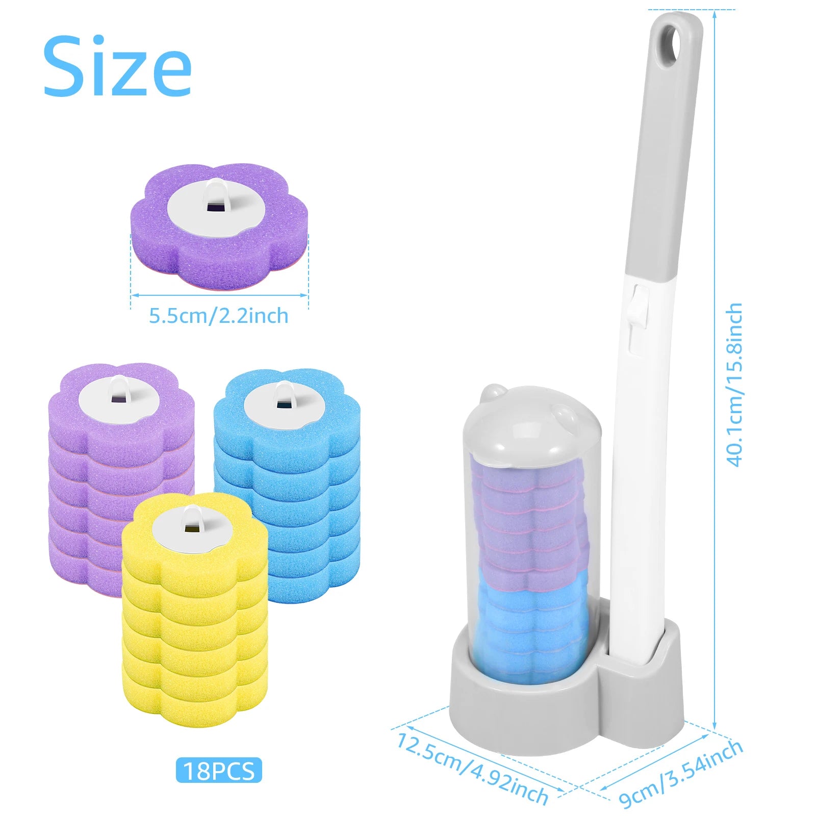 Set of colorful cleaning brushes with measurements on a white background