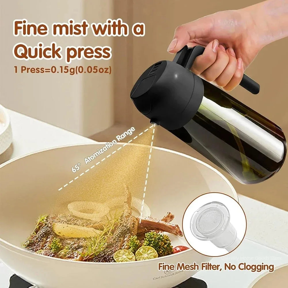 Person using a black oil sprayer over food in a pan with text about fine mist and quick press feature.