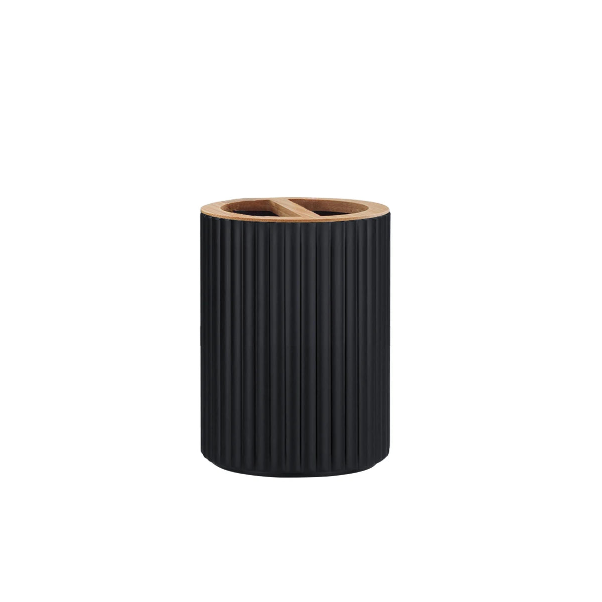 Black ribbed pen holder with wooden top on a white background