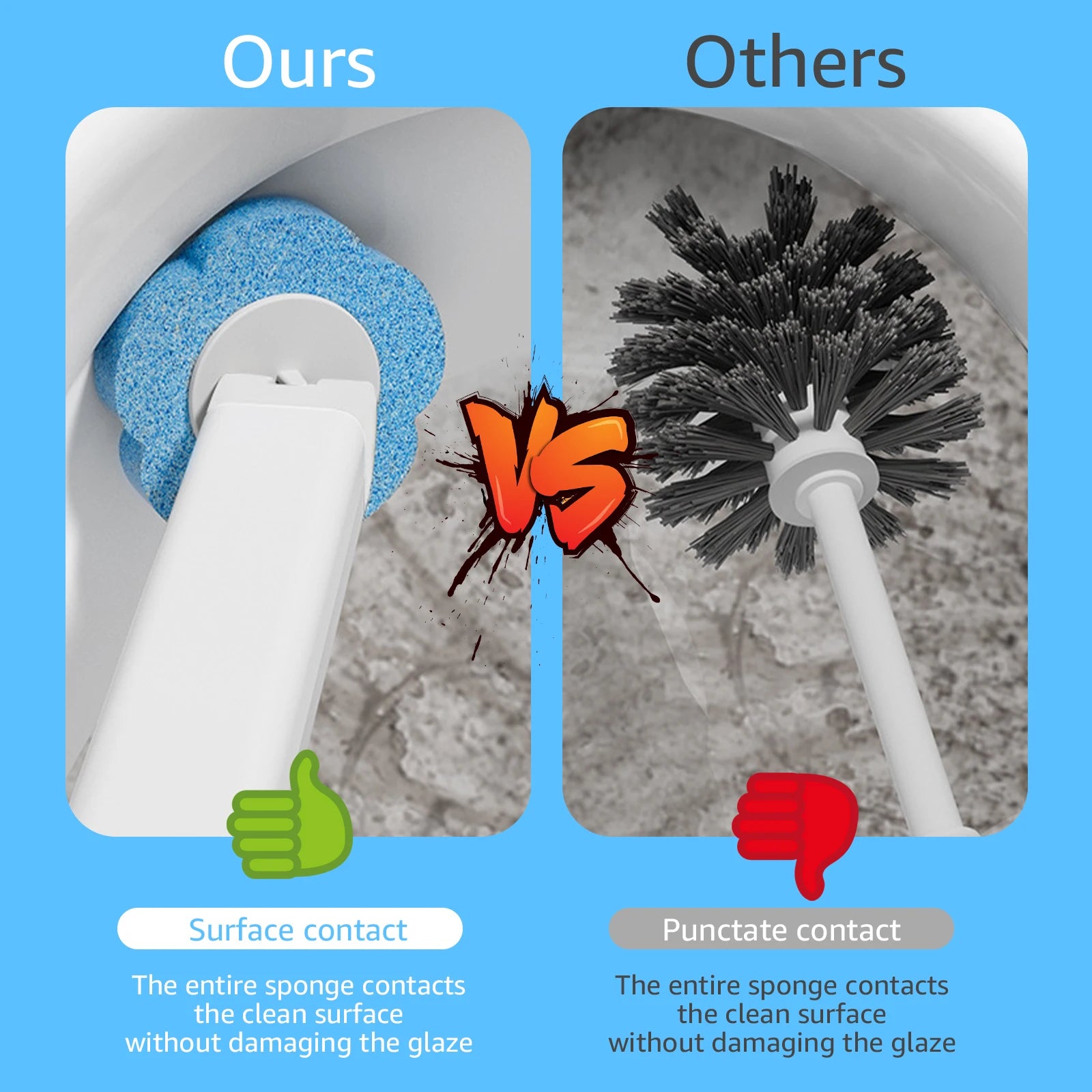 Comparison of a toilet cleaning brush with 'Ours' and 'Others' labeled on a blue background.