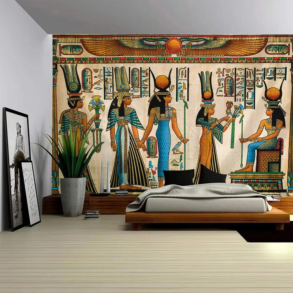 Room interior with Egyptian-themed wall mural featuring deities and hieroglyphs.