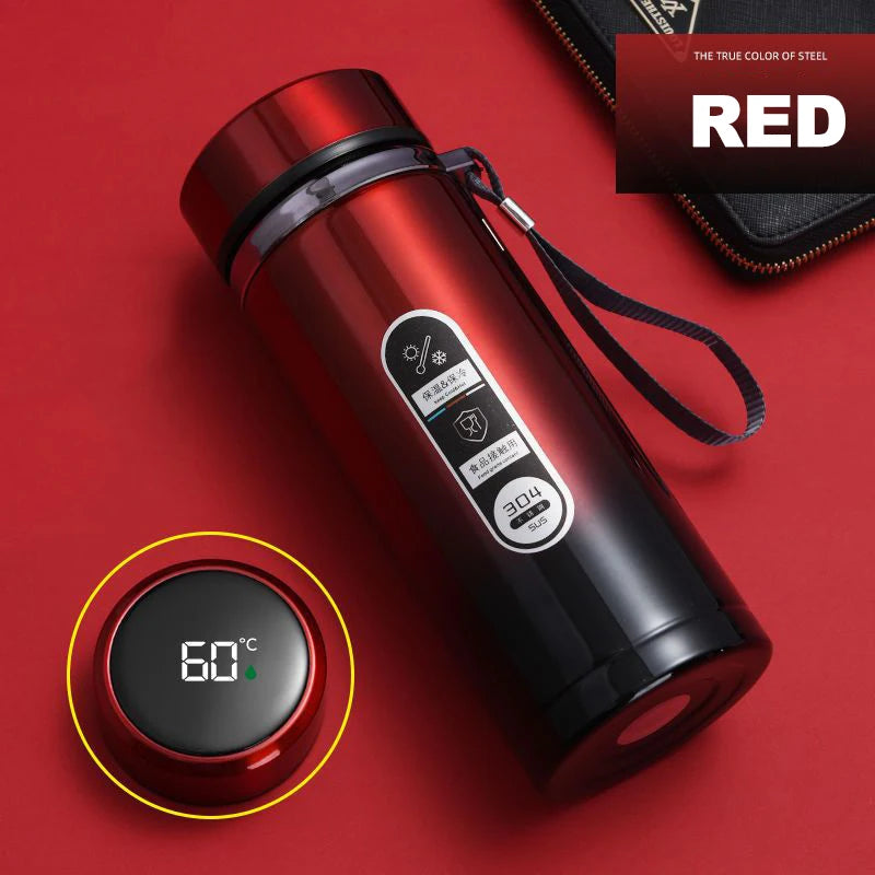 Red thermos bottle with digital display on a red background