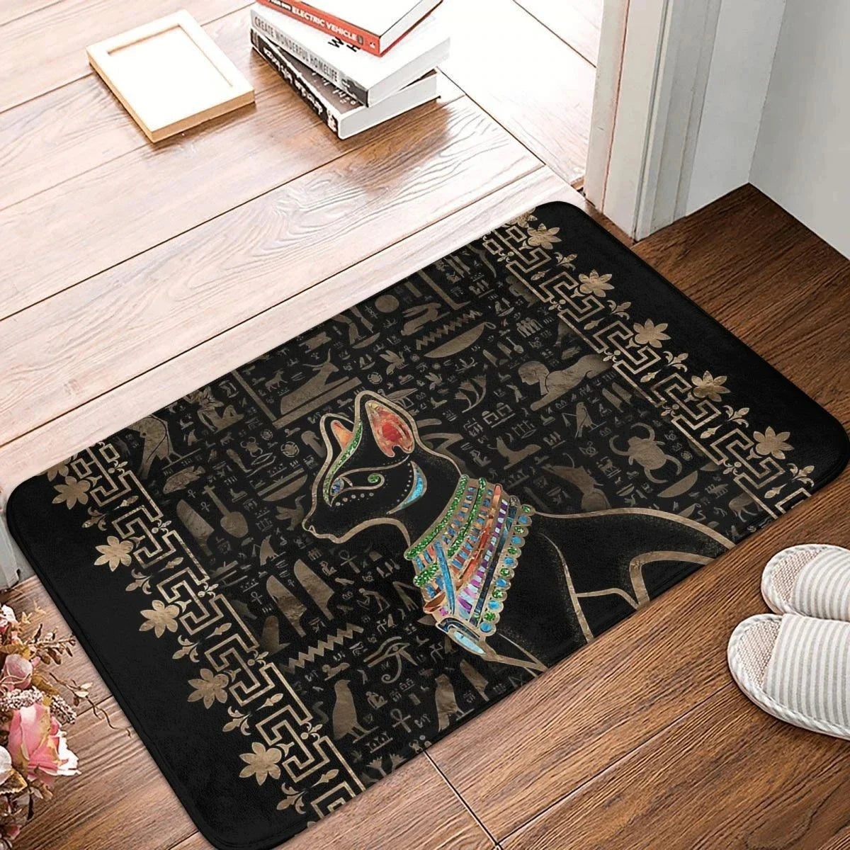 Decorative doormat with a dog design on a wooden floor