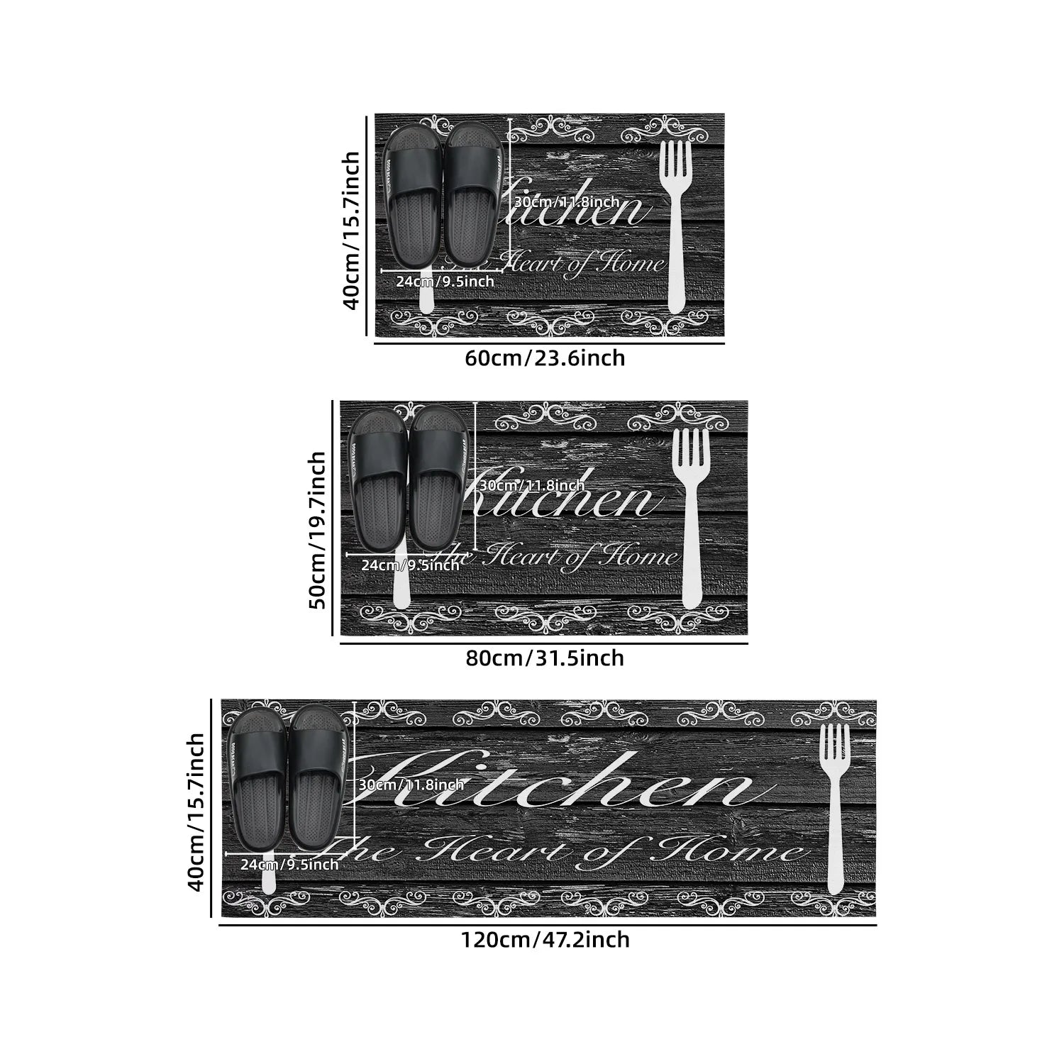 Set of kitchen-themed decorative mats with measurements on a white background