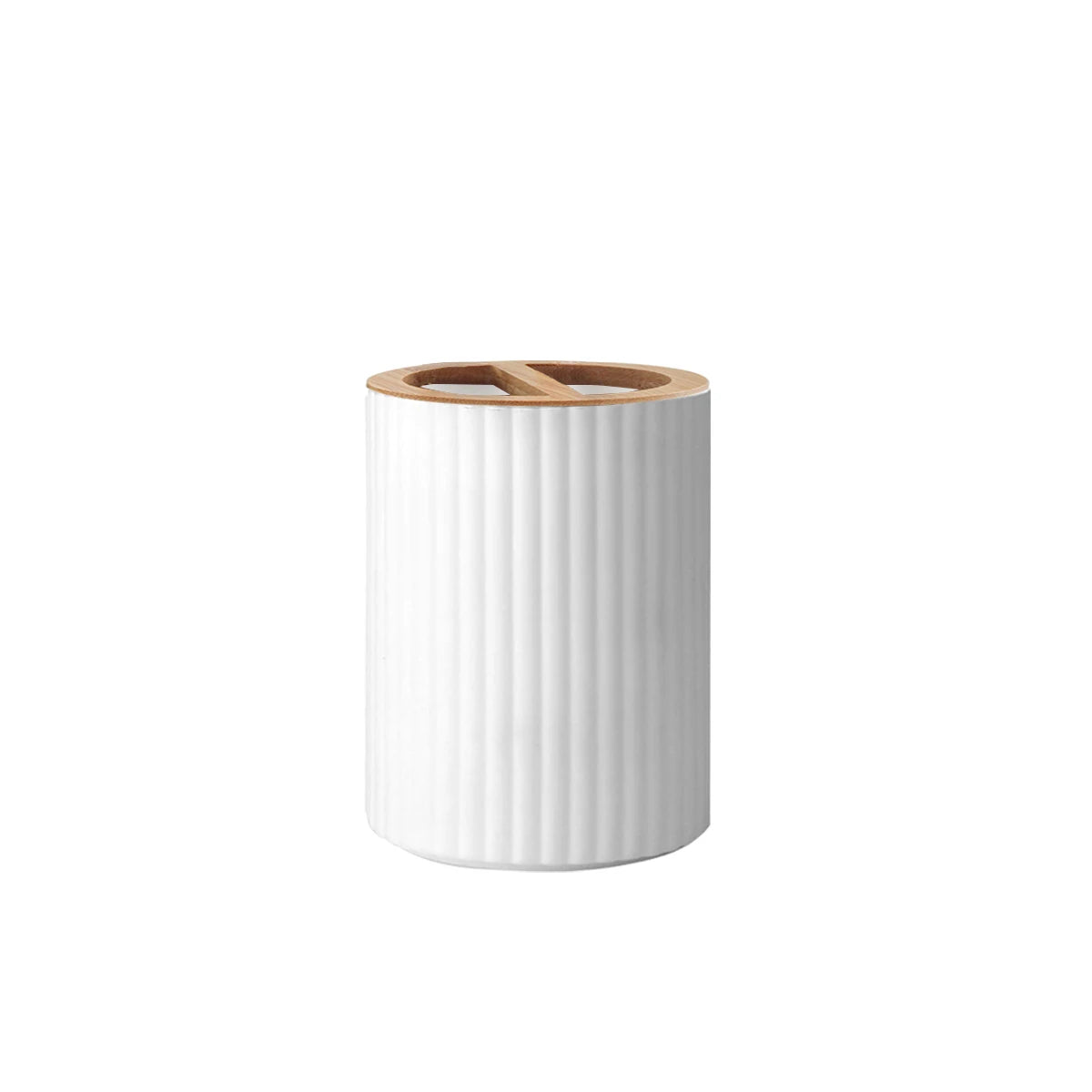 White cylindrical container with a wooden top on a white background