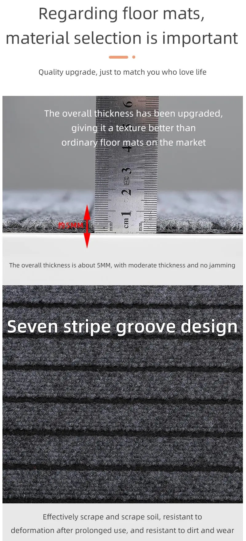 Floor mat with seven stripe groove design and thickness measurement.
