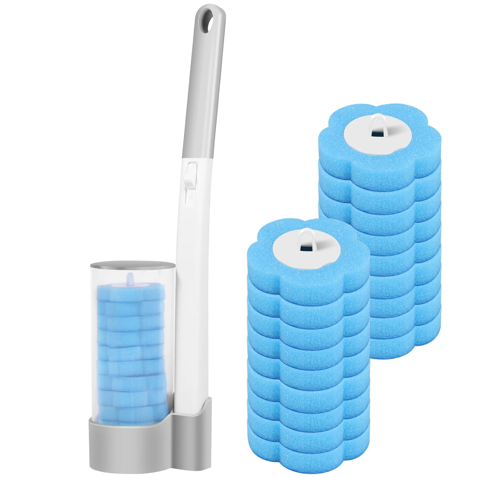 Set of blue pool filter frames with a white handle on a white background