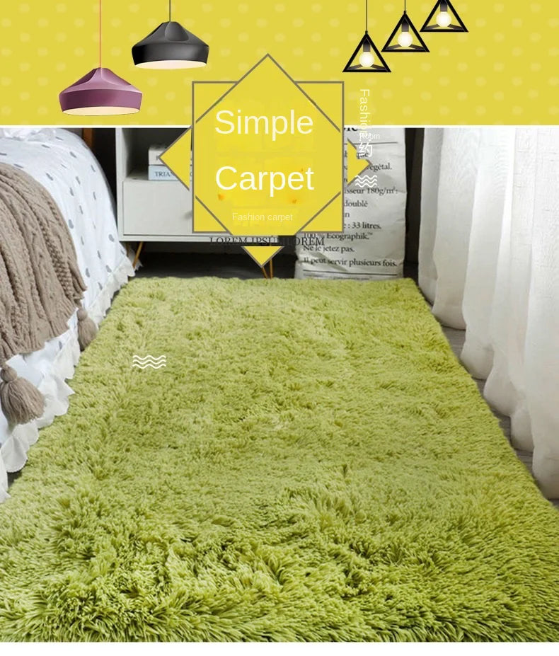 Green carpet in a room with yellow walls and hanging lights.