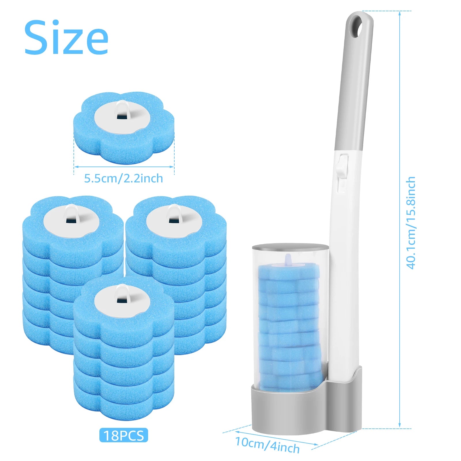 Set of blue cleaning rollers with a holder and measurements on a white background