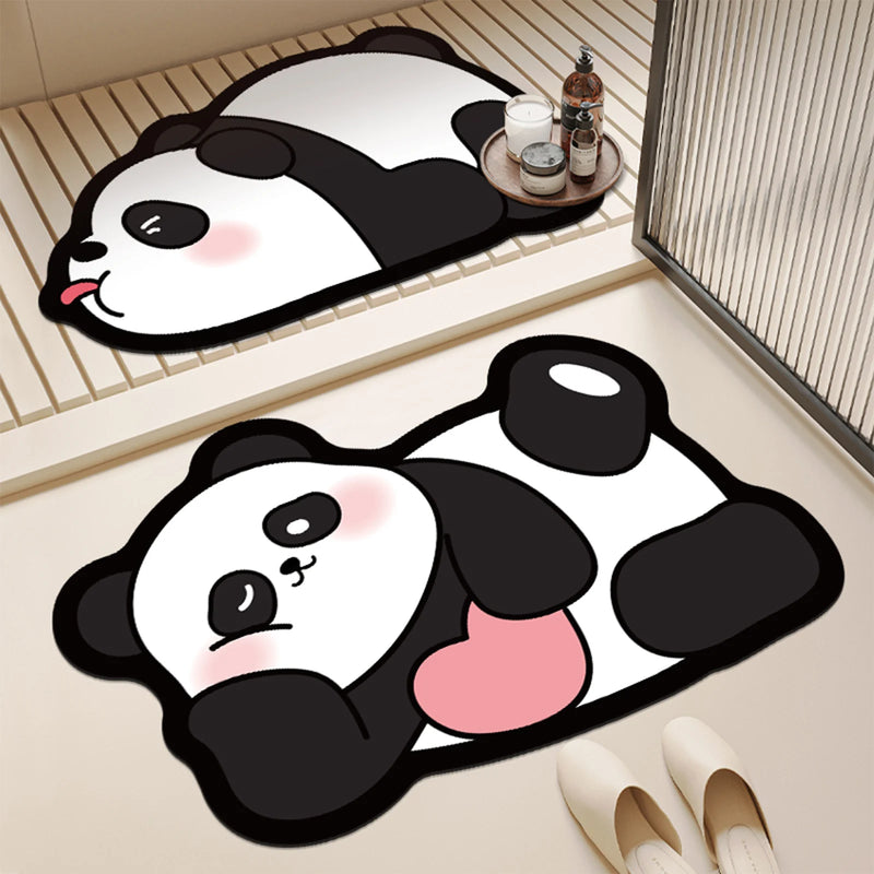 Two panda-themed rugs on a floor with shoes and a small table in the background.