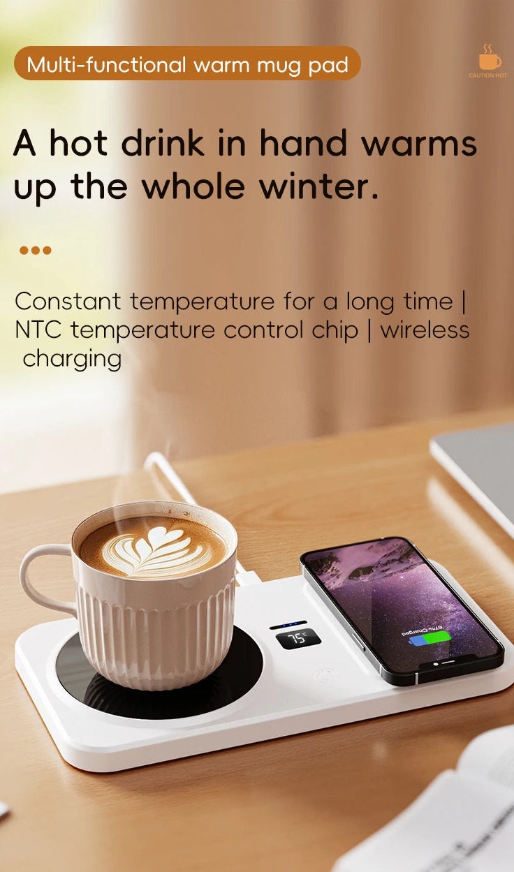 Multi-functional warm mug pad with a cup of coffee and smartphone on a wooden surface.