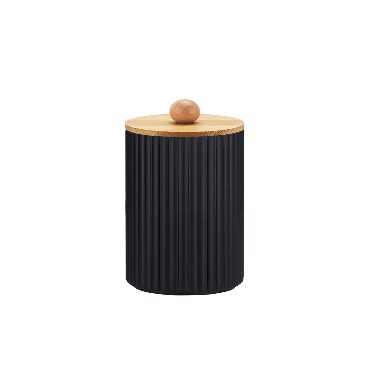 Black ribbed canister with a wooden lid on a white background