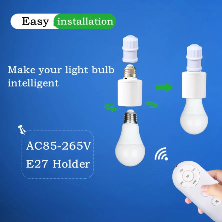 Smart light bulb installation process with remote control on a blue background