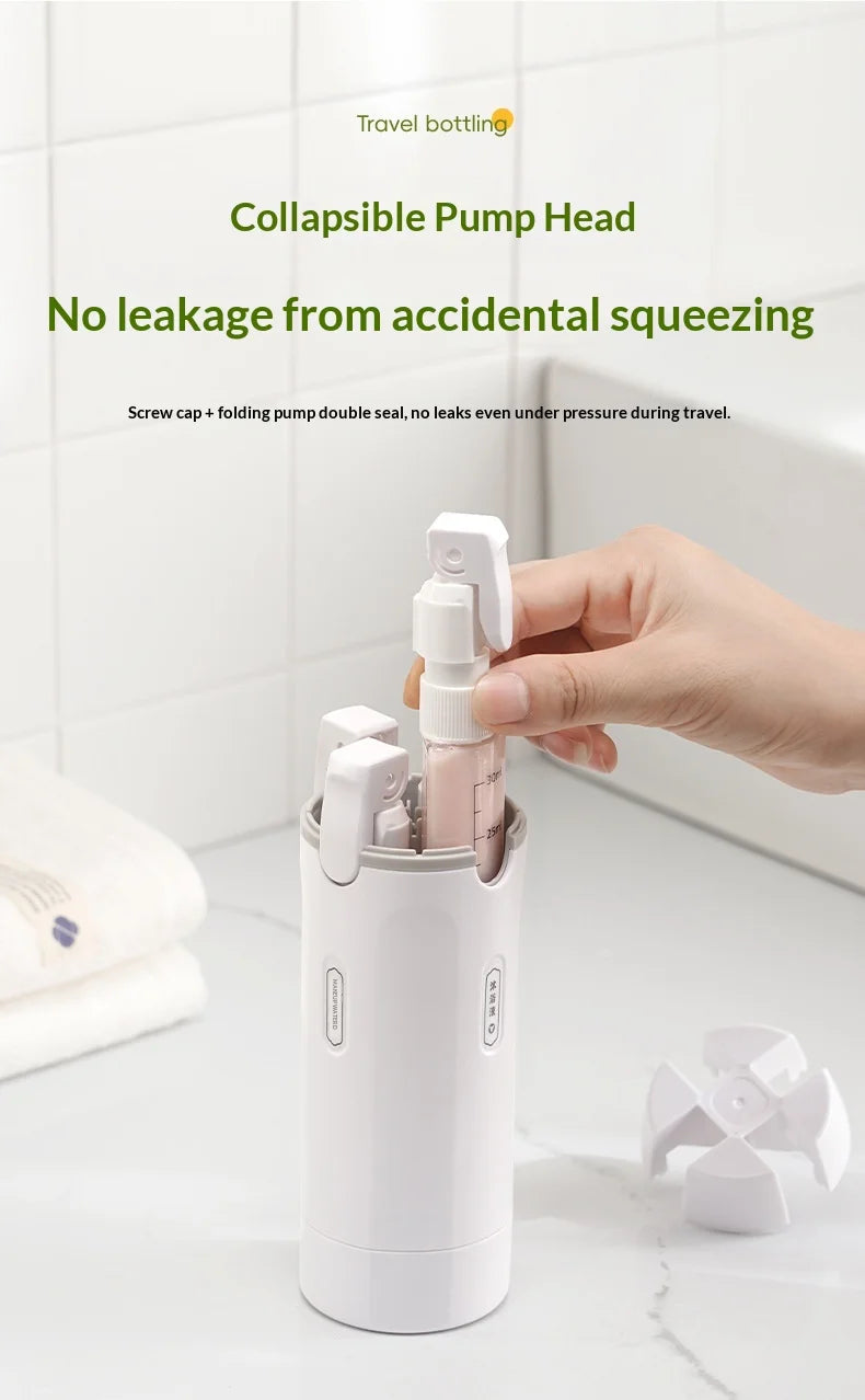 Collapsible pump head for a travel bottle with text on leakage prevention.