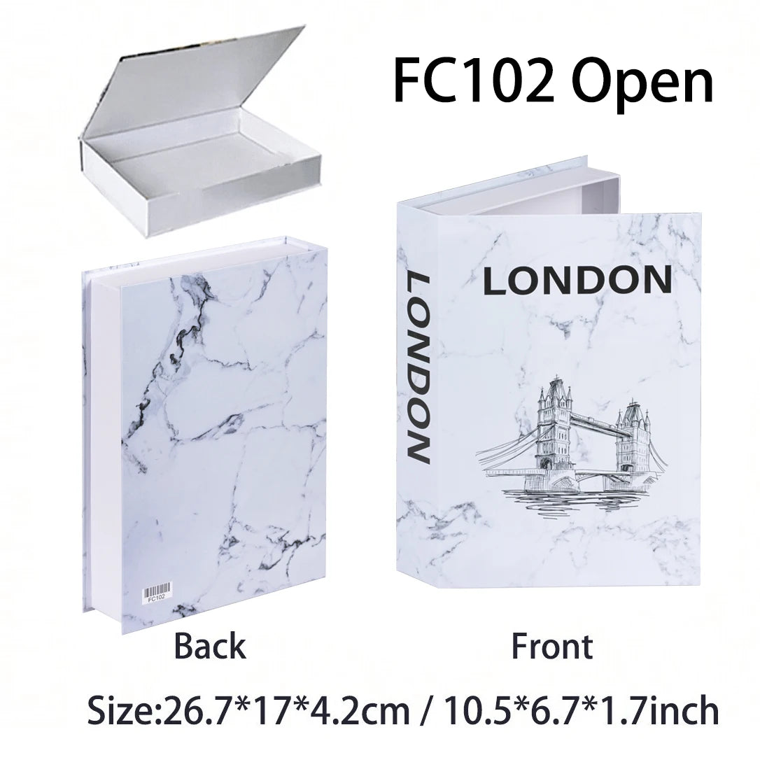 Marble-patterned notebook with 'London' design and Tower Bridge illustration, open and closed views shown.
