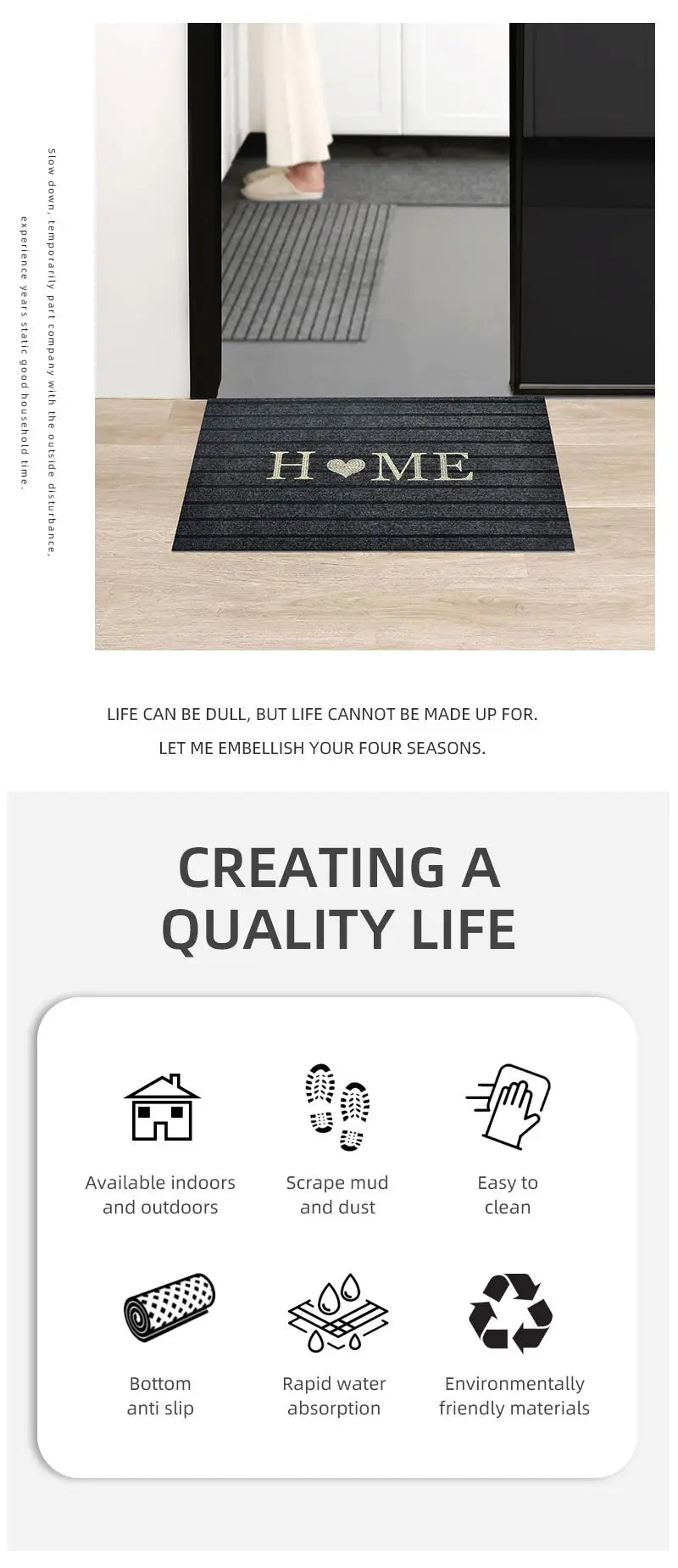 Doormat with 'HOME' text on a wooden floor, featuring product features and benefits.