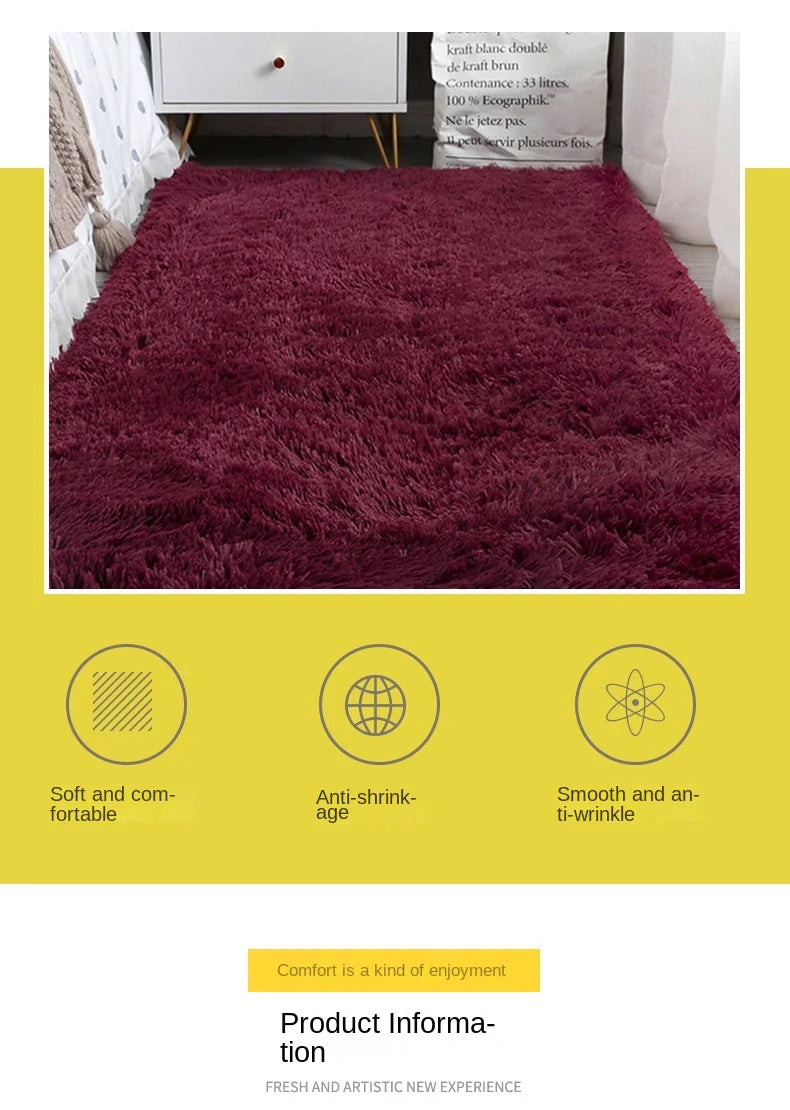 Purple rug on a yellow background with product features listed.