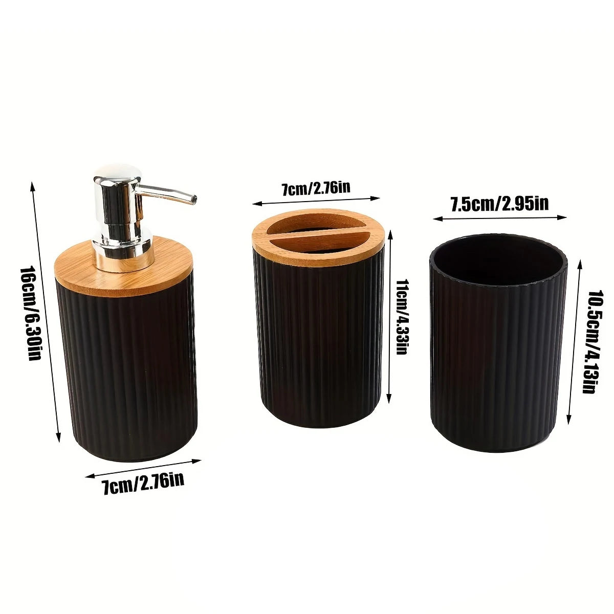 Set of three black and wooden bathroom containers with measurements on a white background