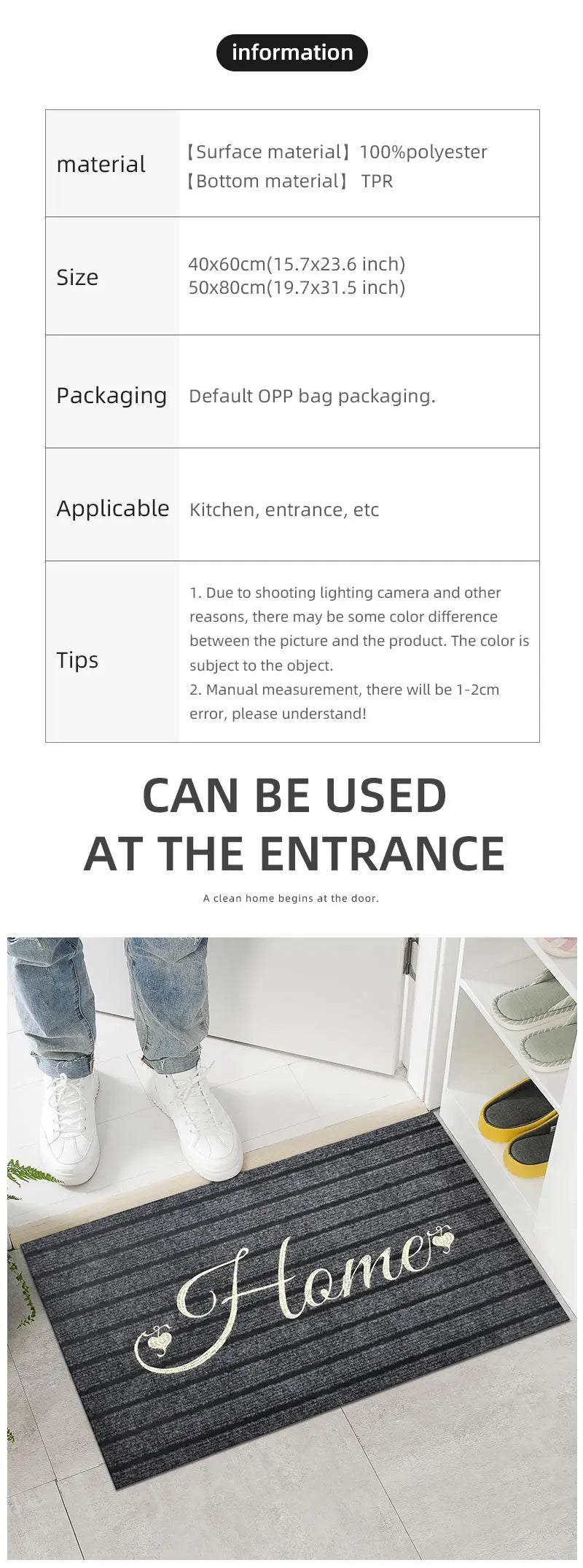 Text-based product information card with a doormat and person wearing white shoes on a light gray floor.