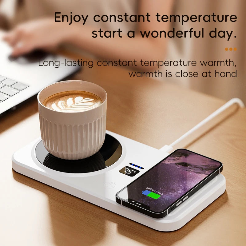 Desk setup with a cup of coffee on a warming pad and a smartphone, with text about constant temperature warmth.