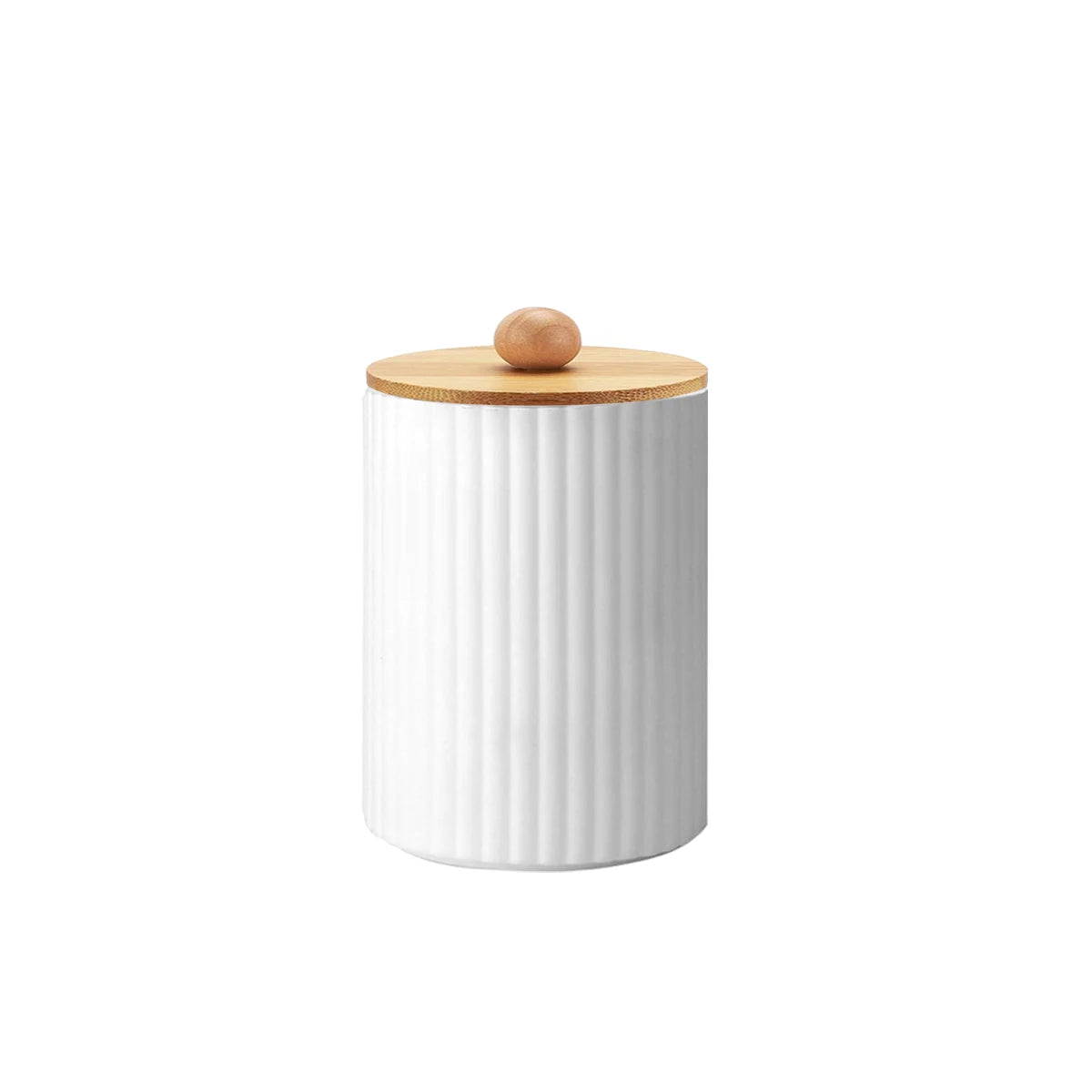 White ceramic jar with a wooden lid on a white background