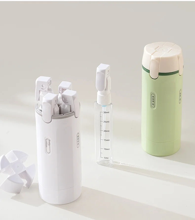 Set of dental tools including a green container, white cups, and a clear measuring device on a light background.