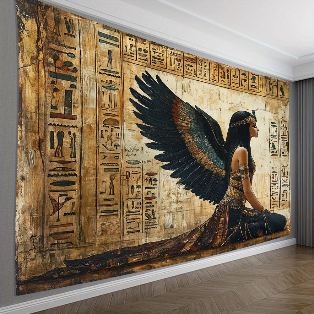 Decorative wall mural with Egyptian-themed design featuring hieroglyphics and a winged figure.