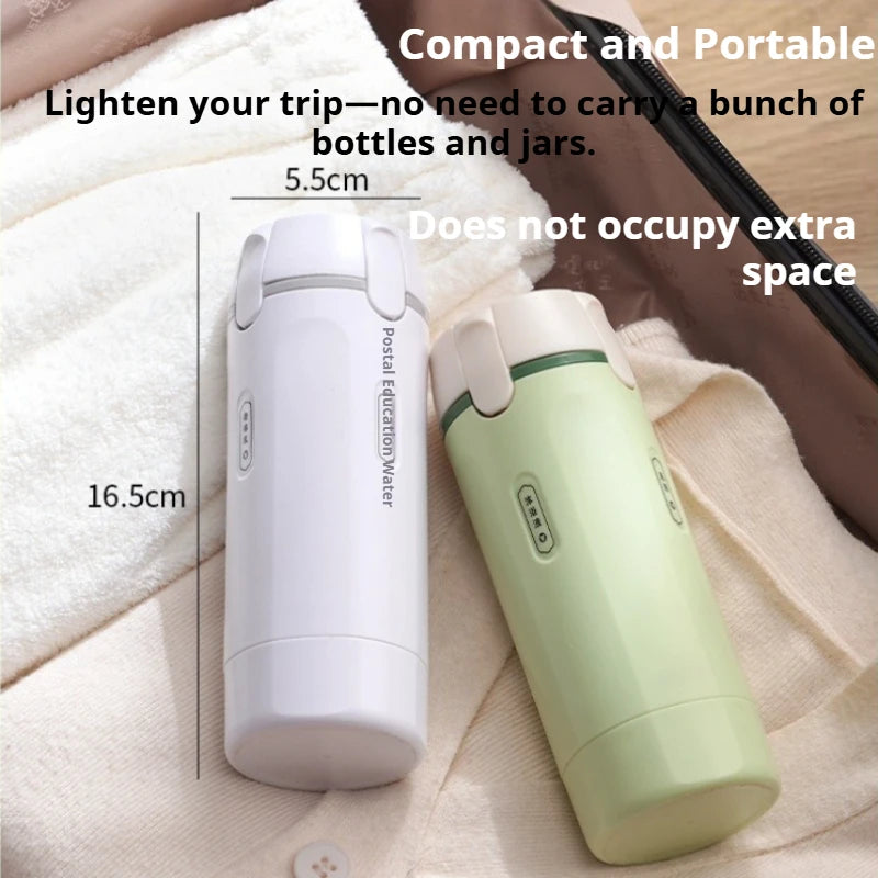 Two compact bottles, one white and one green, on a soft fabric background with text highlighting their portability.