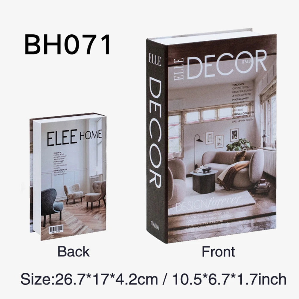 Two views of a book titled 'ELLE DECOR' with interior design images on a white background.