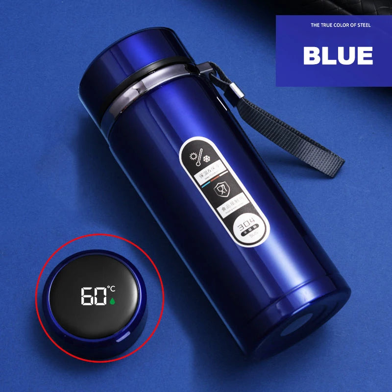 Blue thermos bottle with digital display on a blue background