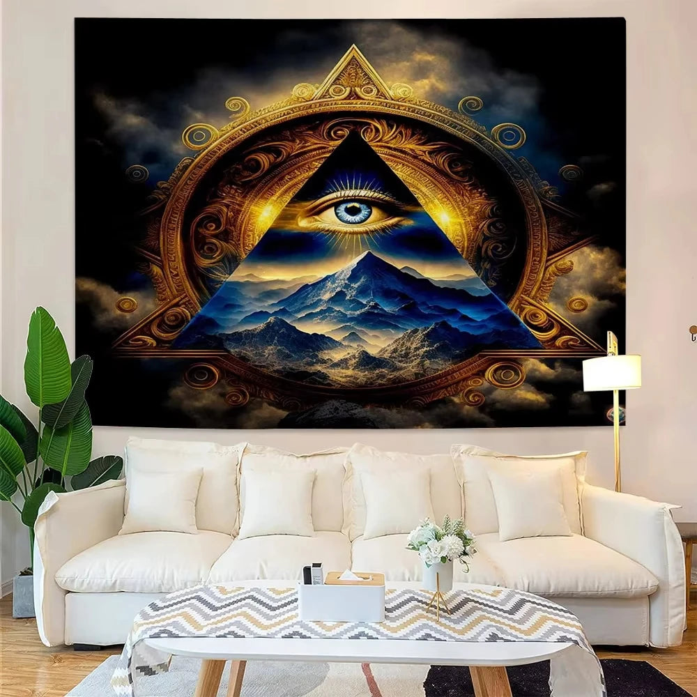 Decorative wall art with eye design over a white sofa in a living room.