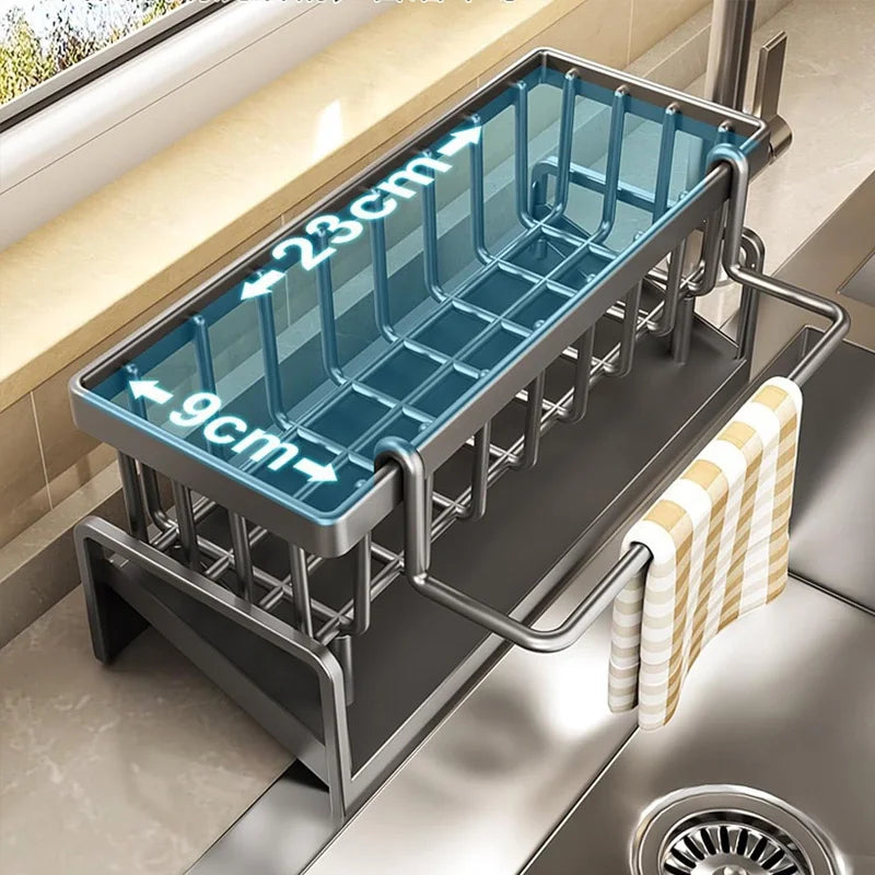 Dish drying rack with measurements on a kitchen counter