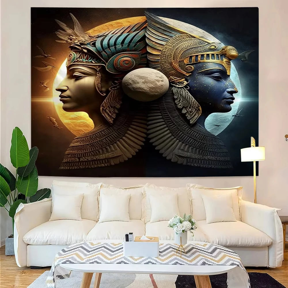Living room with a large wall art piece featuring Egyptian-style heads.