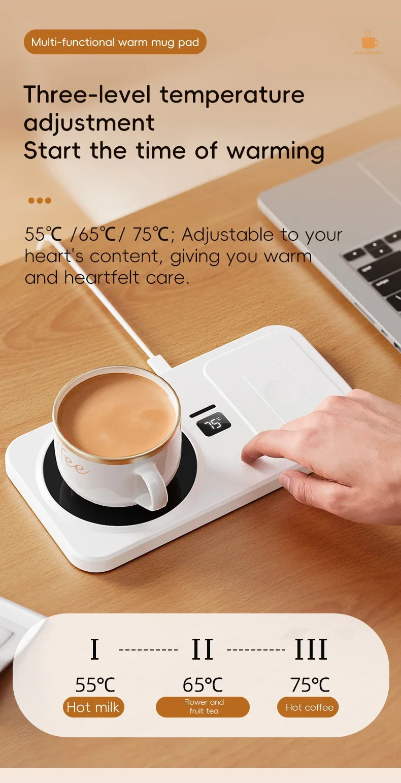 White mug warmer with a cup of coffee on a wooden surface, showing temperature settings.