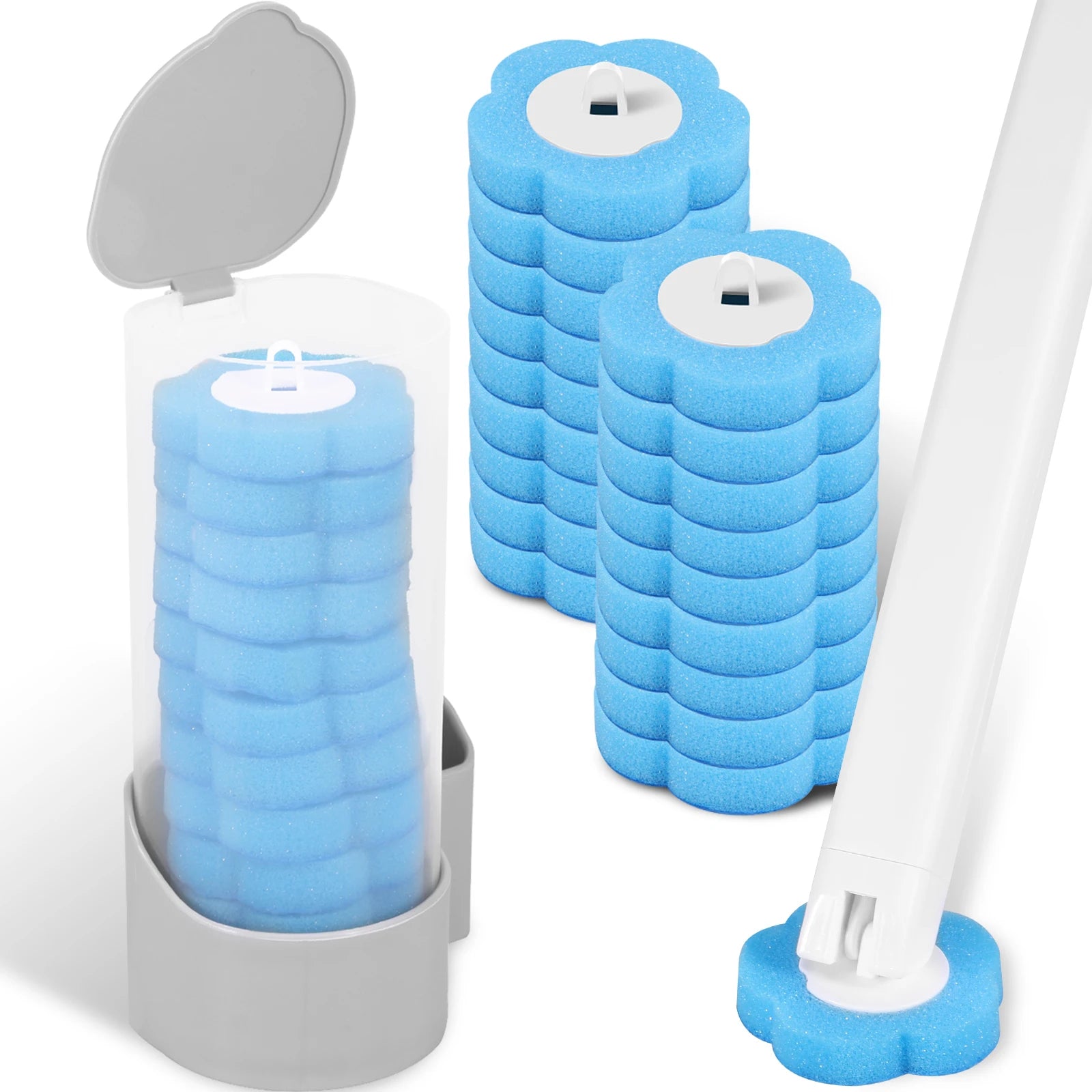 Blue pool filter cartridges with a holder on a white background