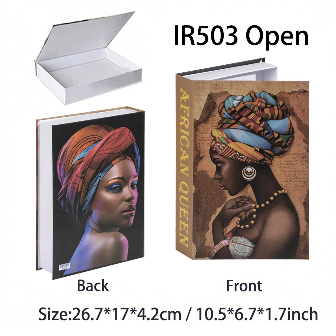 Book with 'African Queen' design on cover, open to reveal back cover with similar artwork.