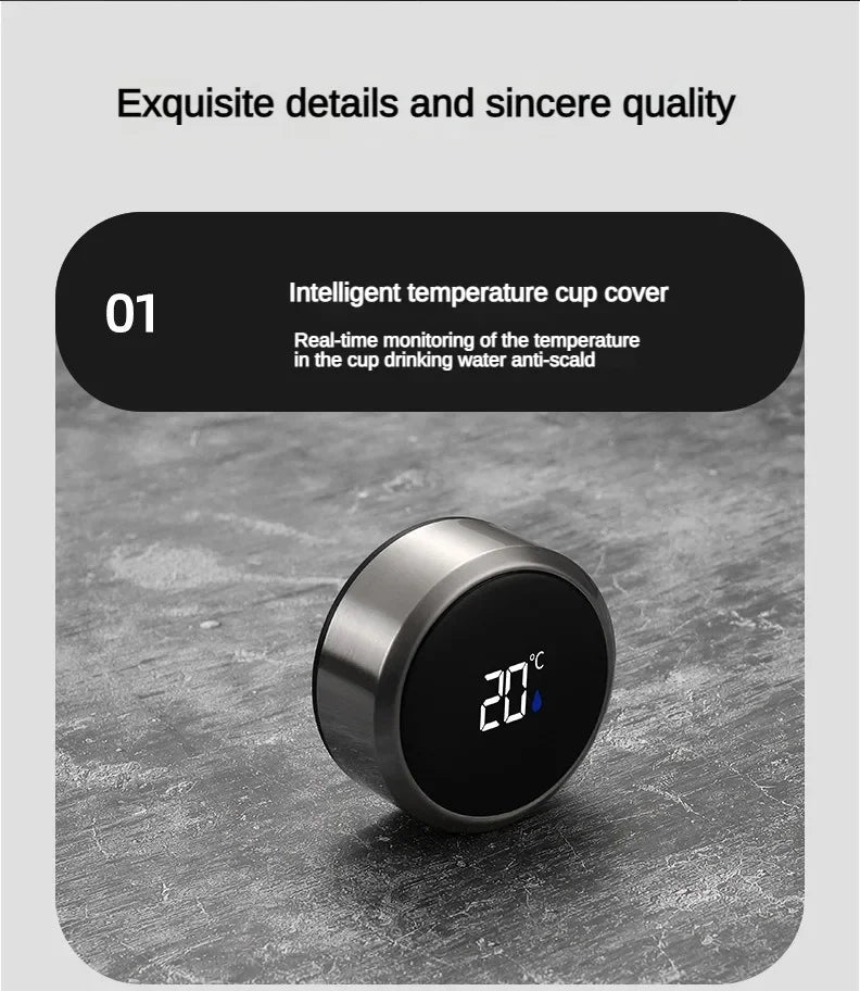 Intelligent temperature cup cover with digital display on a gray surface