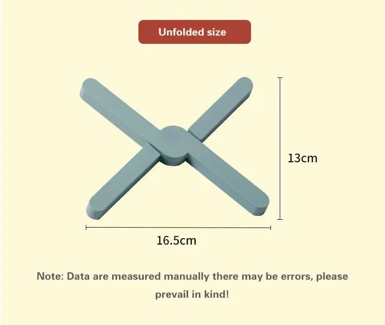 Measurement chart of an unfolded blue object with dimensions 16.5cm x 13cm on a beige background.