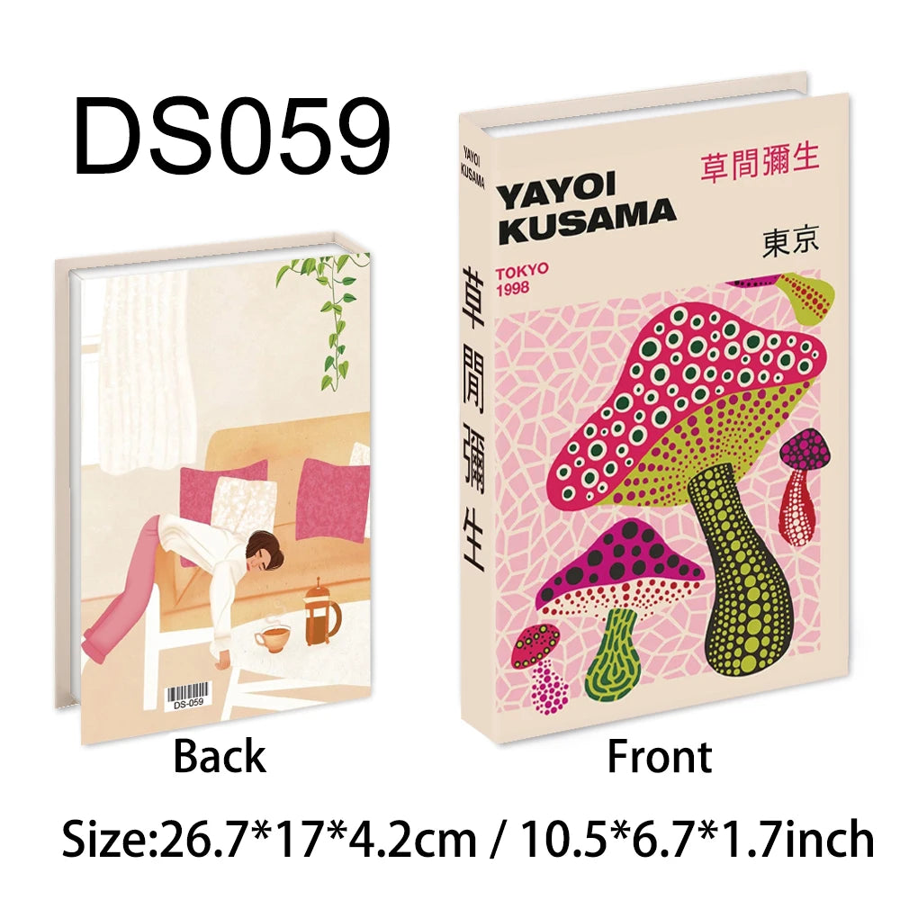 Book with colorful design on cover and illustration of a person on the back, featuring YAYOI KUSAMA branding.