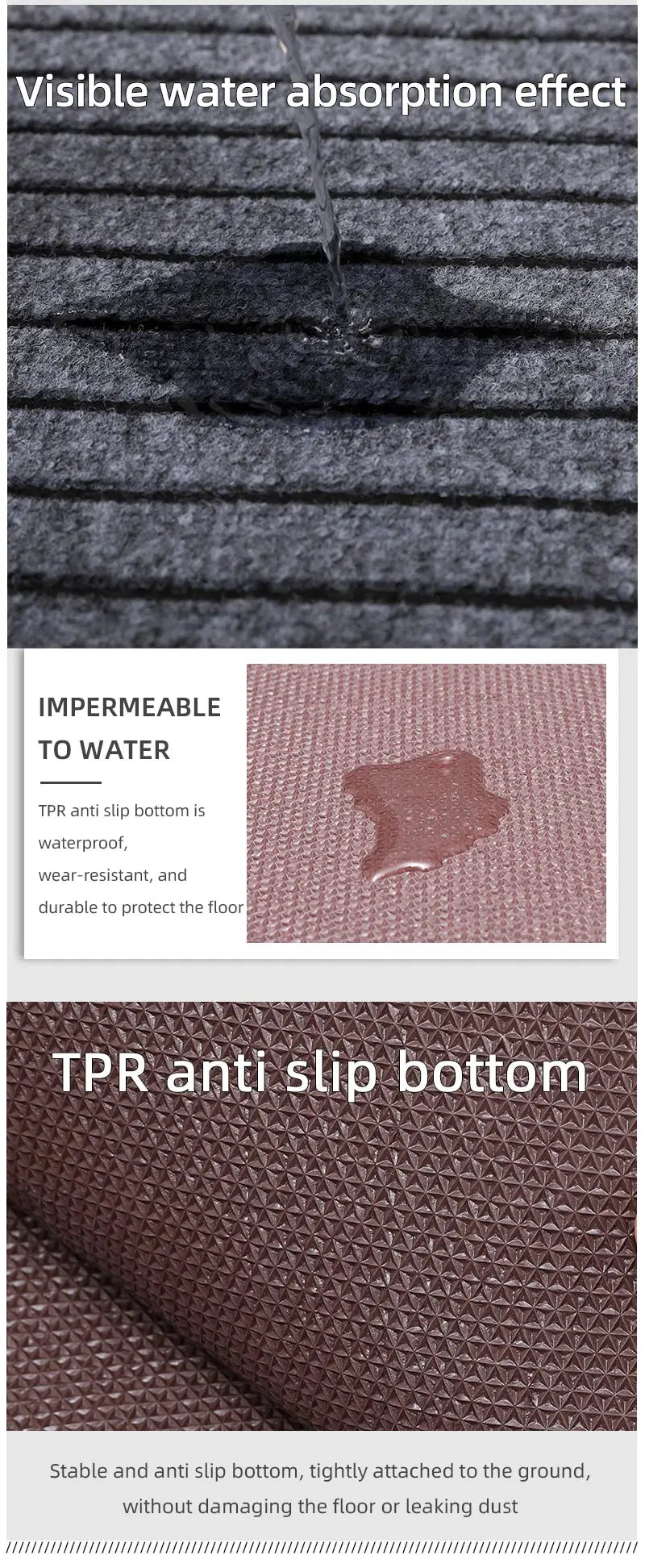 Textile product with water absorption and anti-slip properties, featuring images of water droplets and textured fabric.