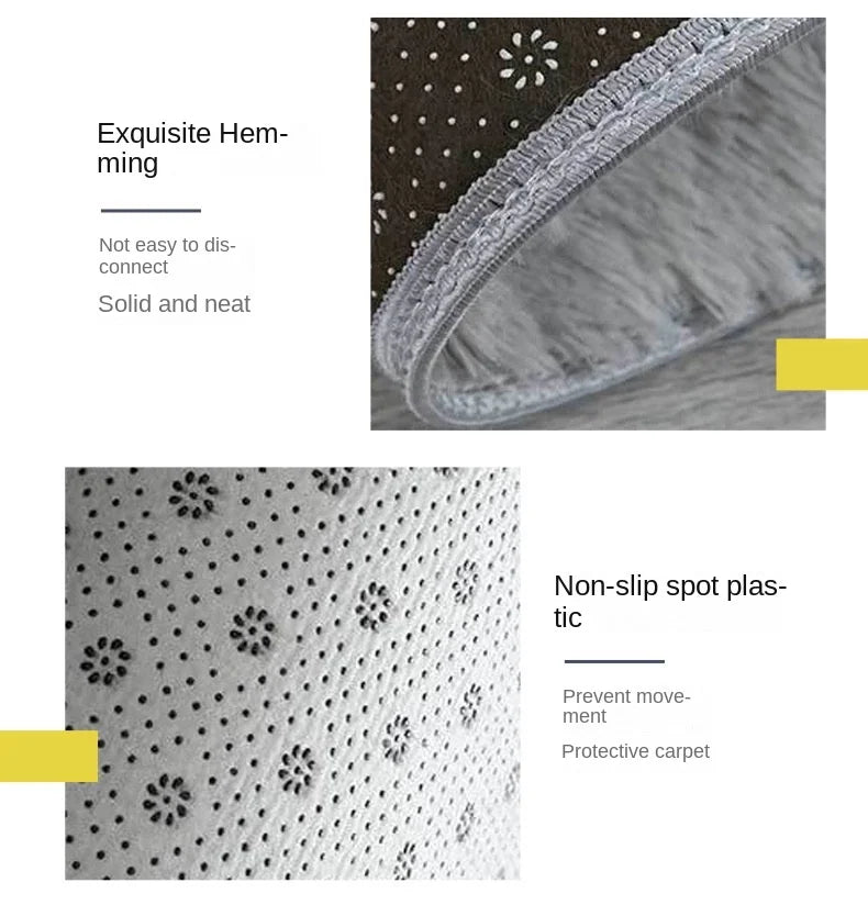 Textured fabric with a close-up of hemming and non-slip plastic spots on a dark background.