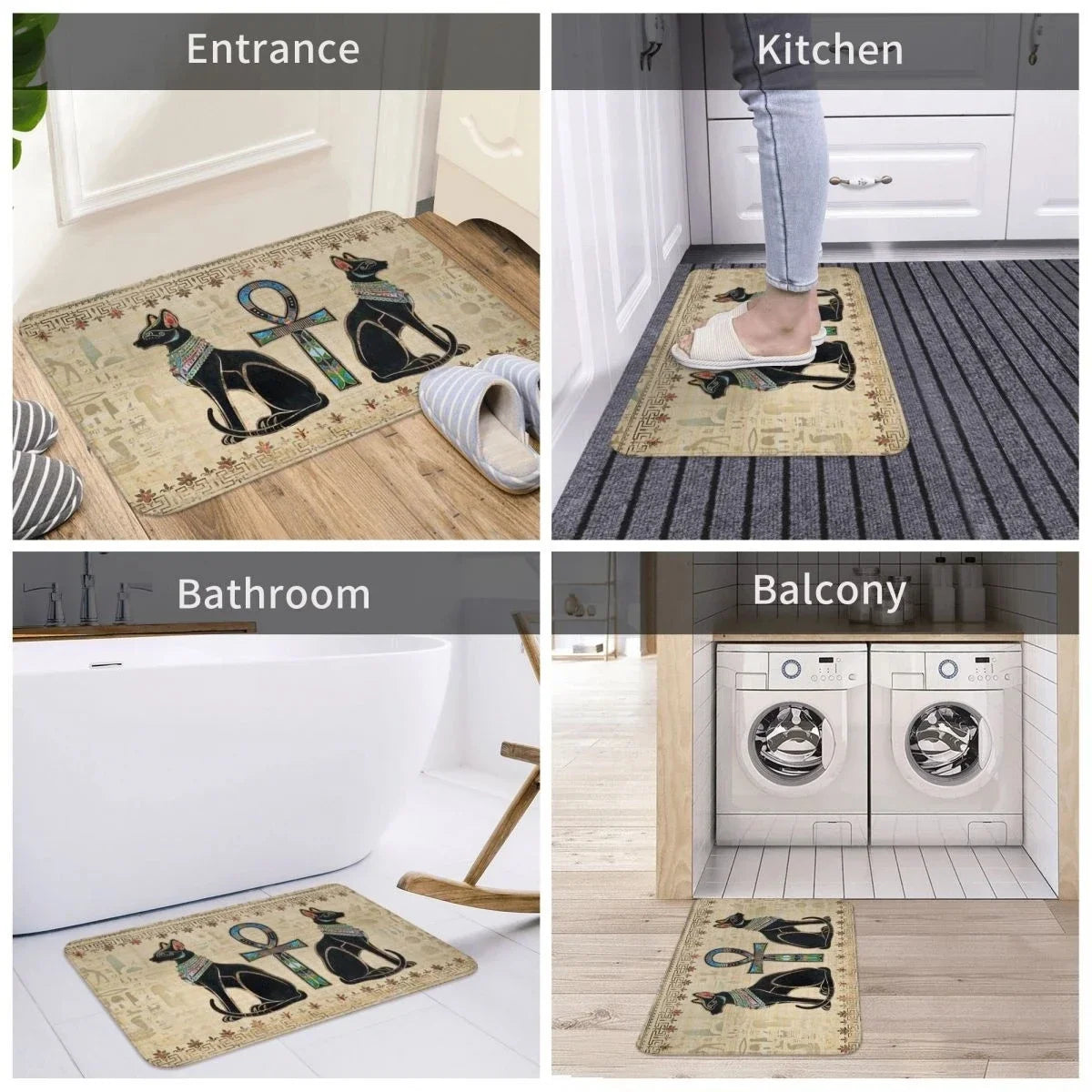 Four different uses of a decorative rug with cat design in various locations.