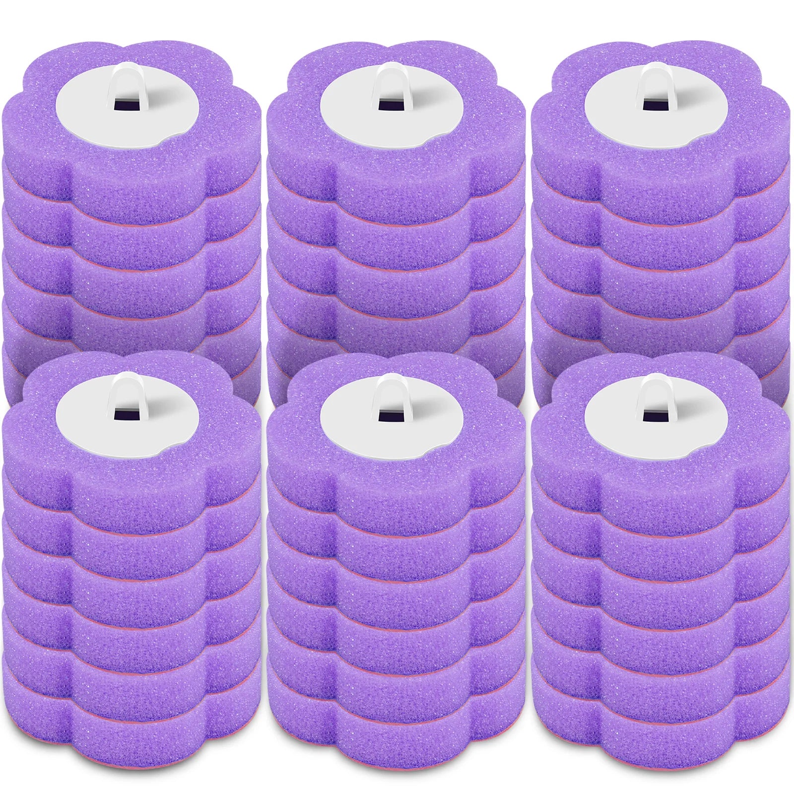 Purple foam rollers with white centers arranged in a grid on a white background
