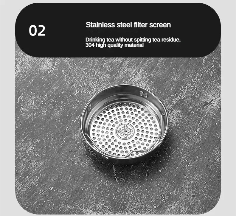 Stainless steel filter screen on a textured surface with text about its features.