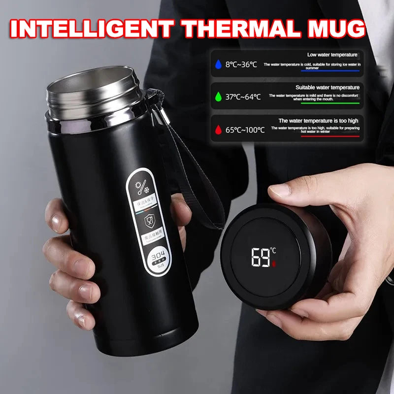 Black intelligent thermal mug with digital display held by a person, showing temperature control features.