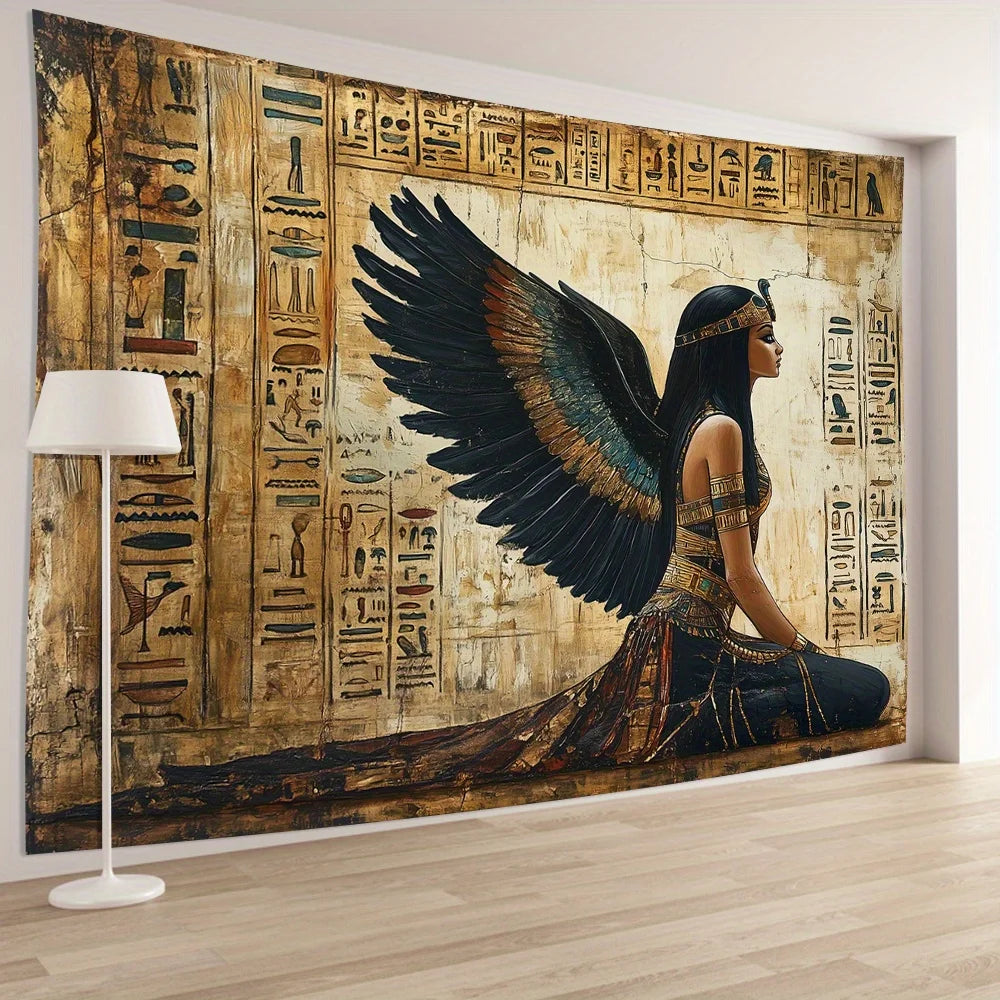 Decorative wall mural with Egyptian-themed design featuring a woman with wings and hieroglyphics.