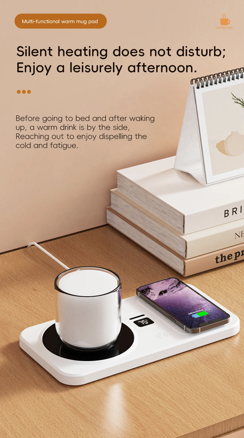 White mug on a heating pad with a smartphone beside it, on a wooden surface.