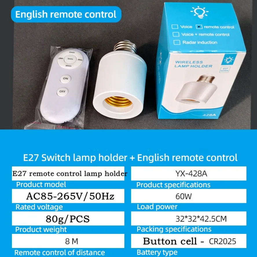 E27 switch lamp holder with English remote control, packaging, and specifications displayed.